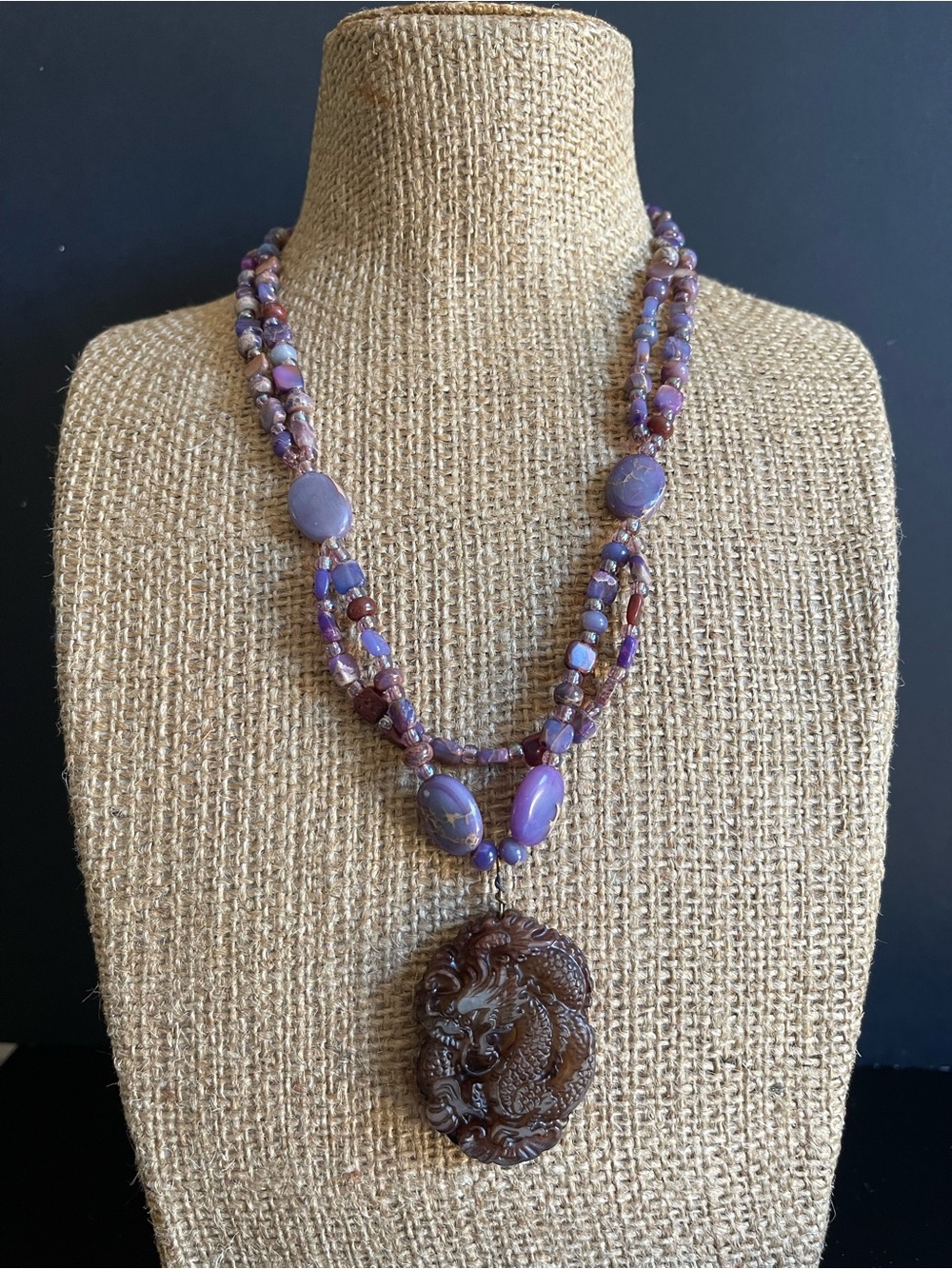 Handcrafted Purple Bead Necklace with Carved Chinese jade Dragon Pendant
